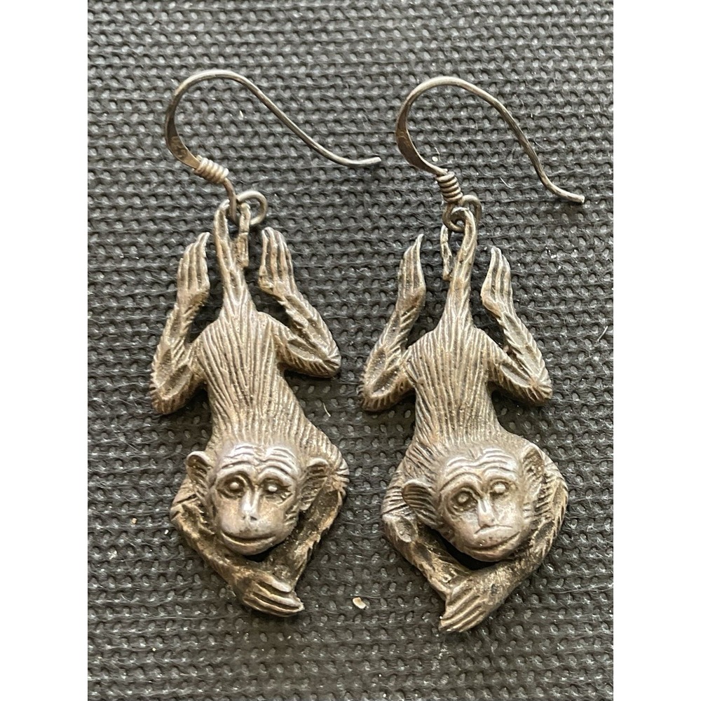 Vintage 925 Sterling Silver Dangle Monkey Earrings Estate Jewelry Textured
